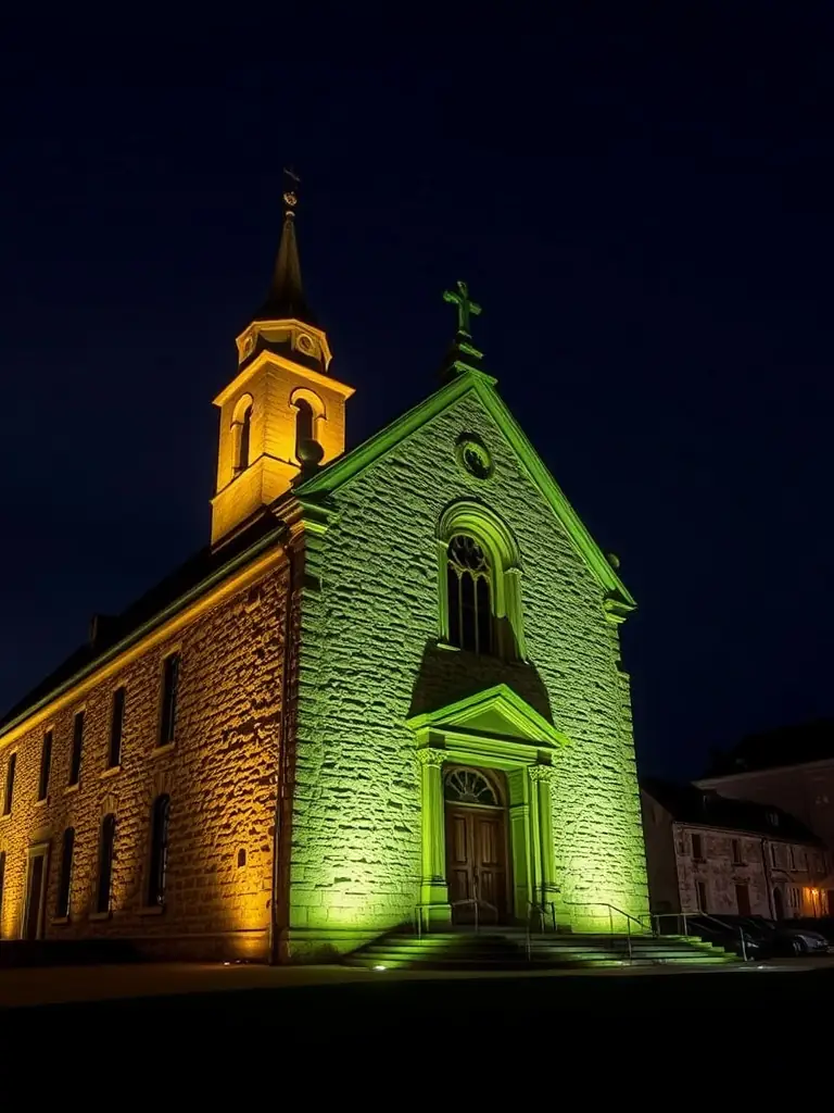 A photograph of the Chapelle de Port-Miou illuminated at night after the installation of energy-efficient lighting, showcasing the restored facade and enhancing its visibility.