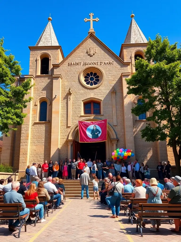 A wide-angle shot of a community event held in front of the Chapelle de Port-Miou, with people of all ages participating in a fundraising activity.