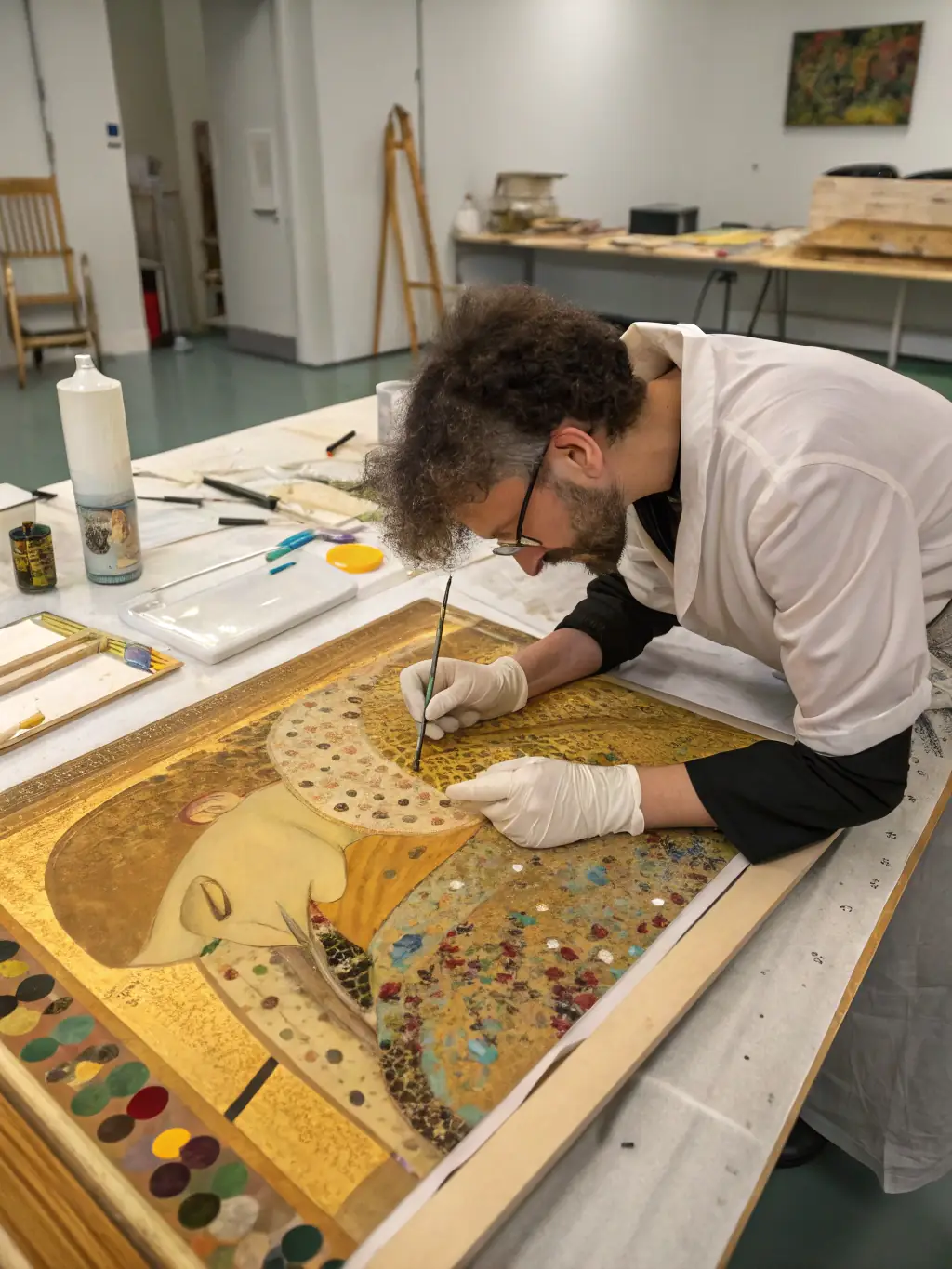 A photograph depicting the interior of the Chapelle de Port-Miou, showcasing ongoing restoration work on the frescoes and artwork, with conservators carefully applying restoration techniques.