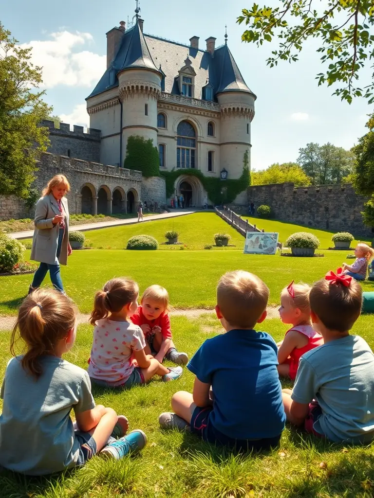 A group of children participating in an educational workshop focused on the history and architecture of the Chapelle de Port-Miou.