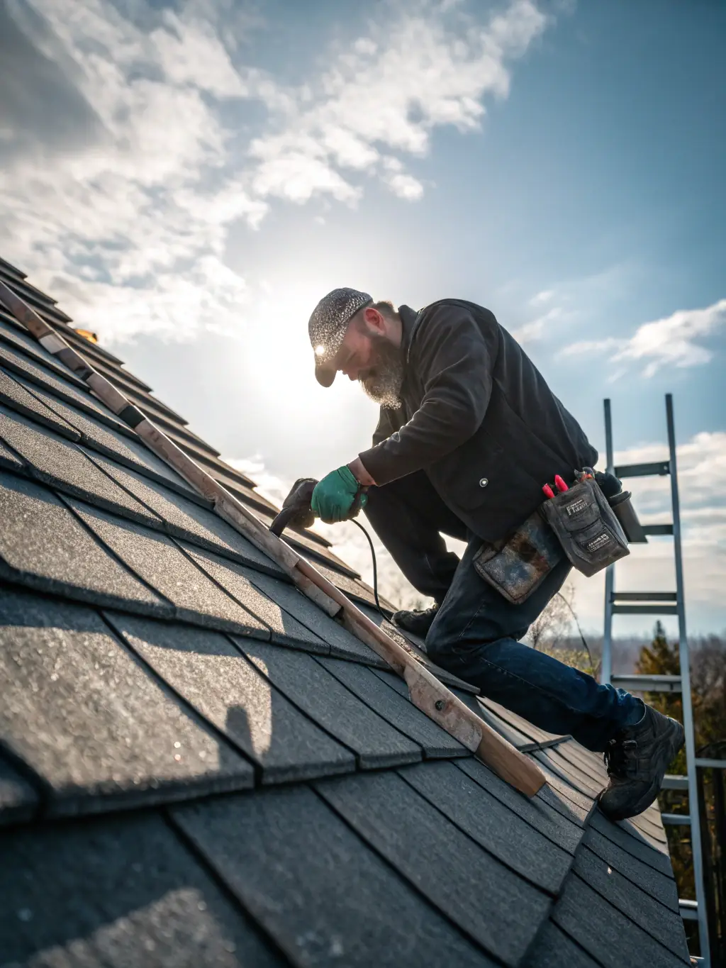 A detailed close-up shot of a skilled artisan repairing a damaged section of the chapel's roof using traditional materials and techniques.