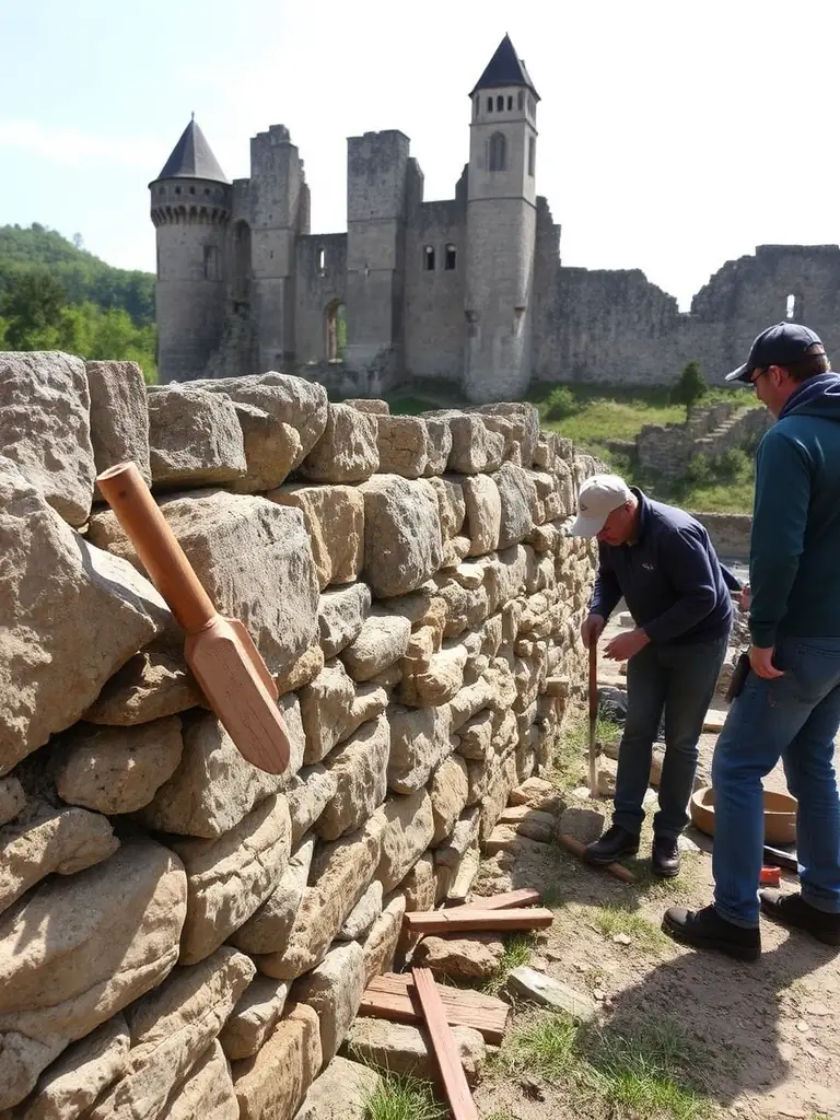 A photograph of volunteers working on the stone facade of the Chapelle de Port-Miou, showcasing the meticulous restoration work in progress.